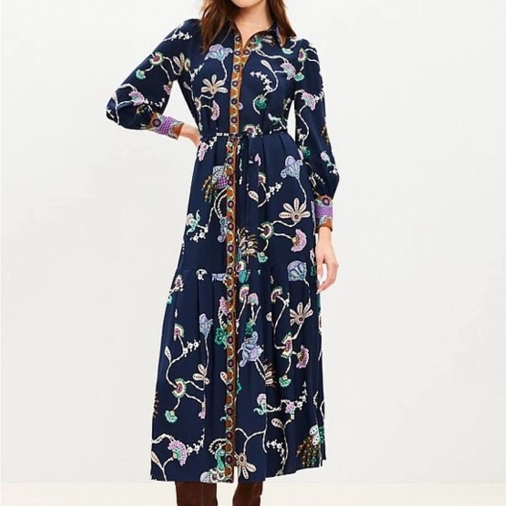 LOFT Pheasant Pleated Tie Waist Midi Shirtdress Size 8 Petite Peacock Floral